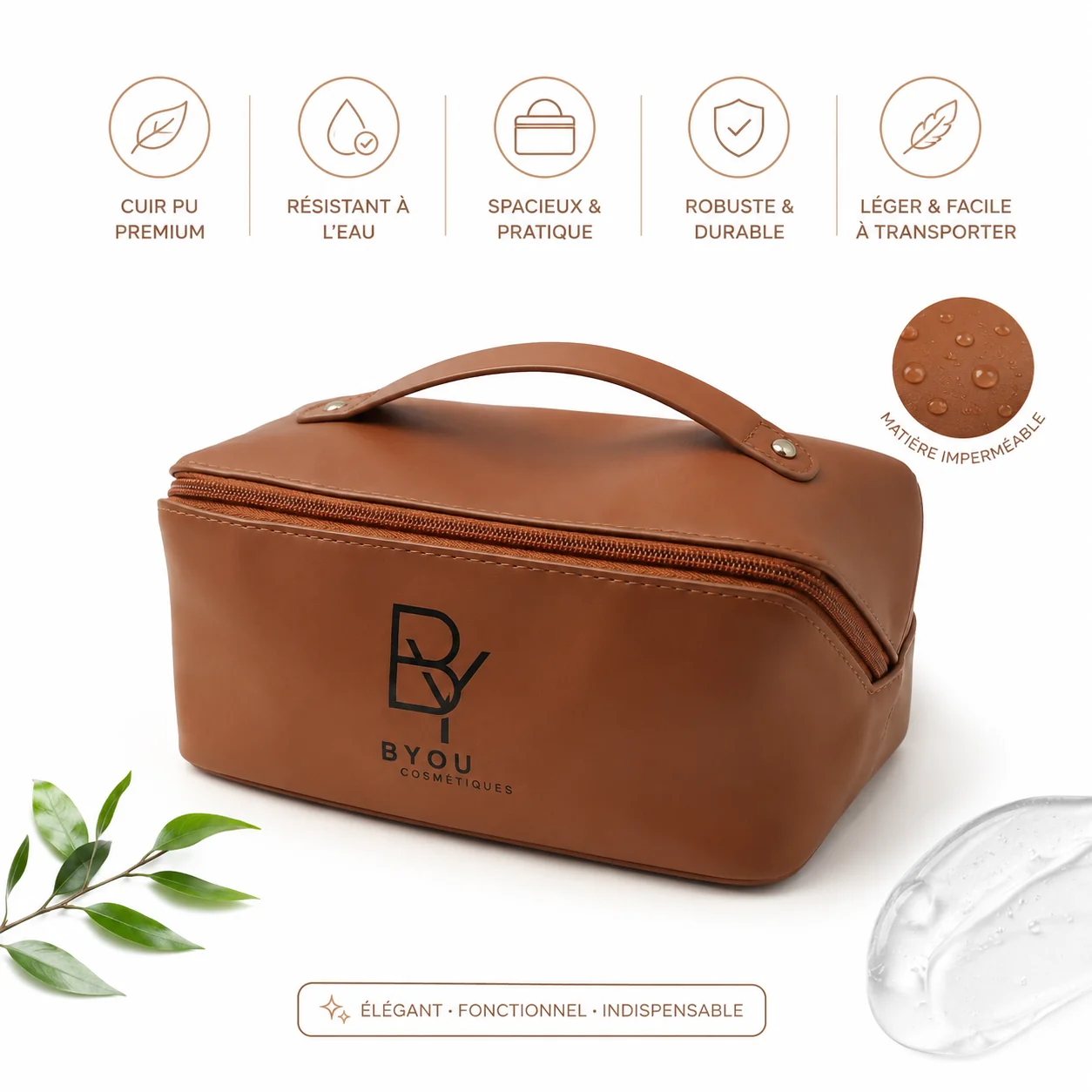 Trousse de Toilette & Maquillage — Cuir Végan Grande Capacité — Camel — cosmétique naturel Byou