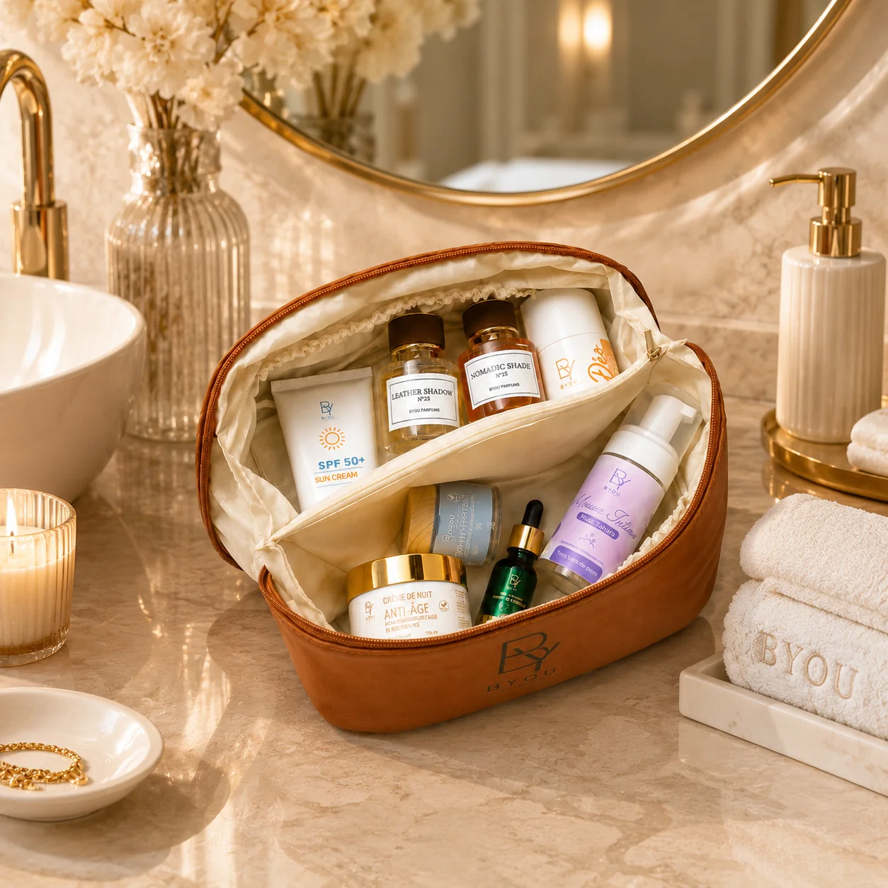 Trousse de Toilette & Maquillage — Cuir Végan Grande Capacité — Camel