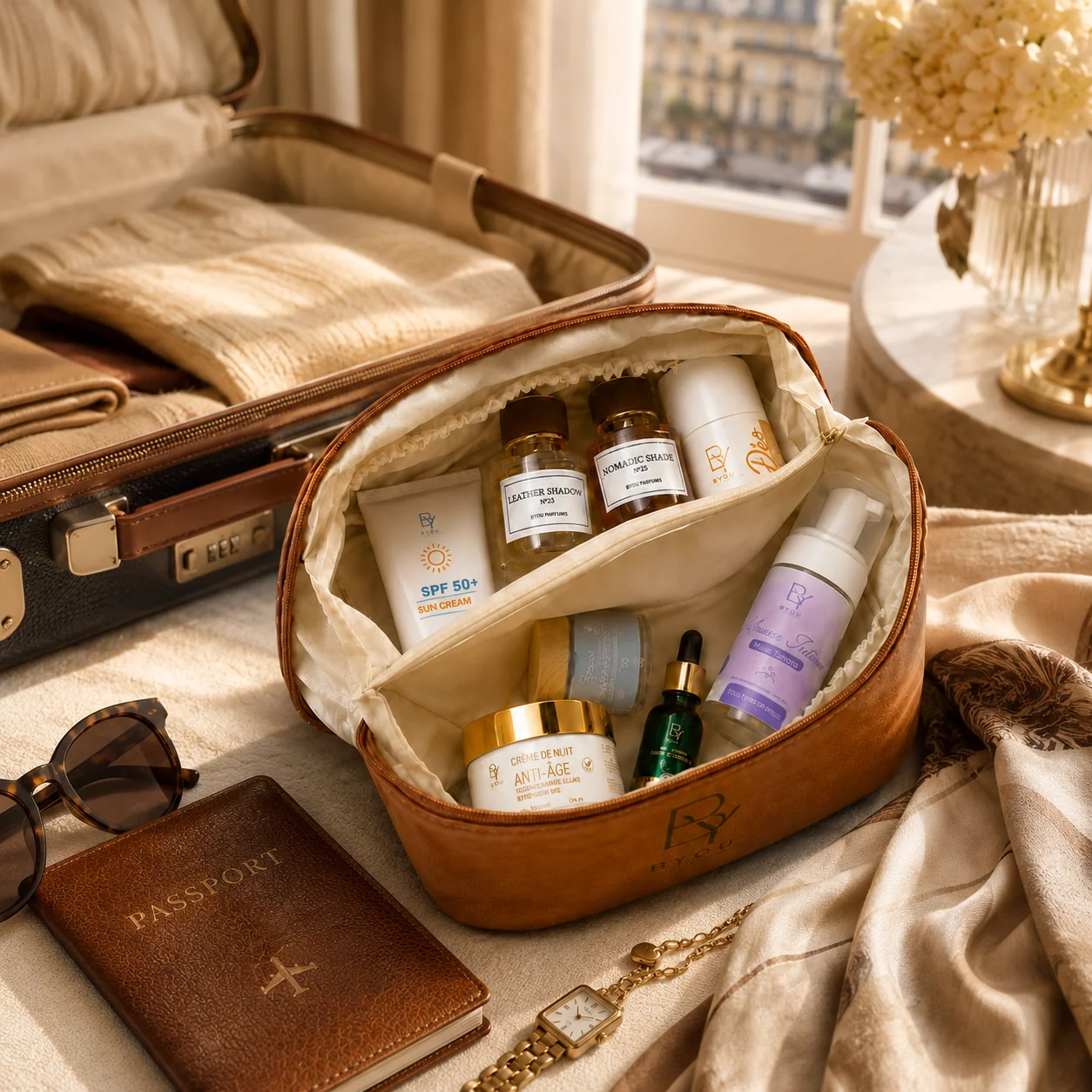 Trousse de Toilette & Maquillage — Cuir Végan Grande Capacité — Camel
