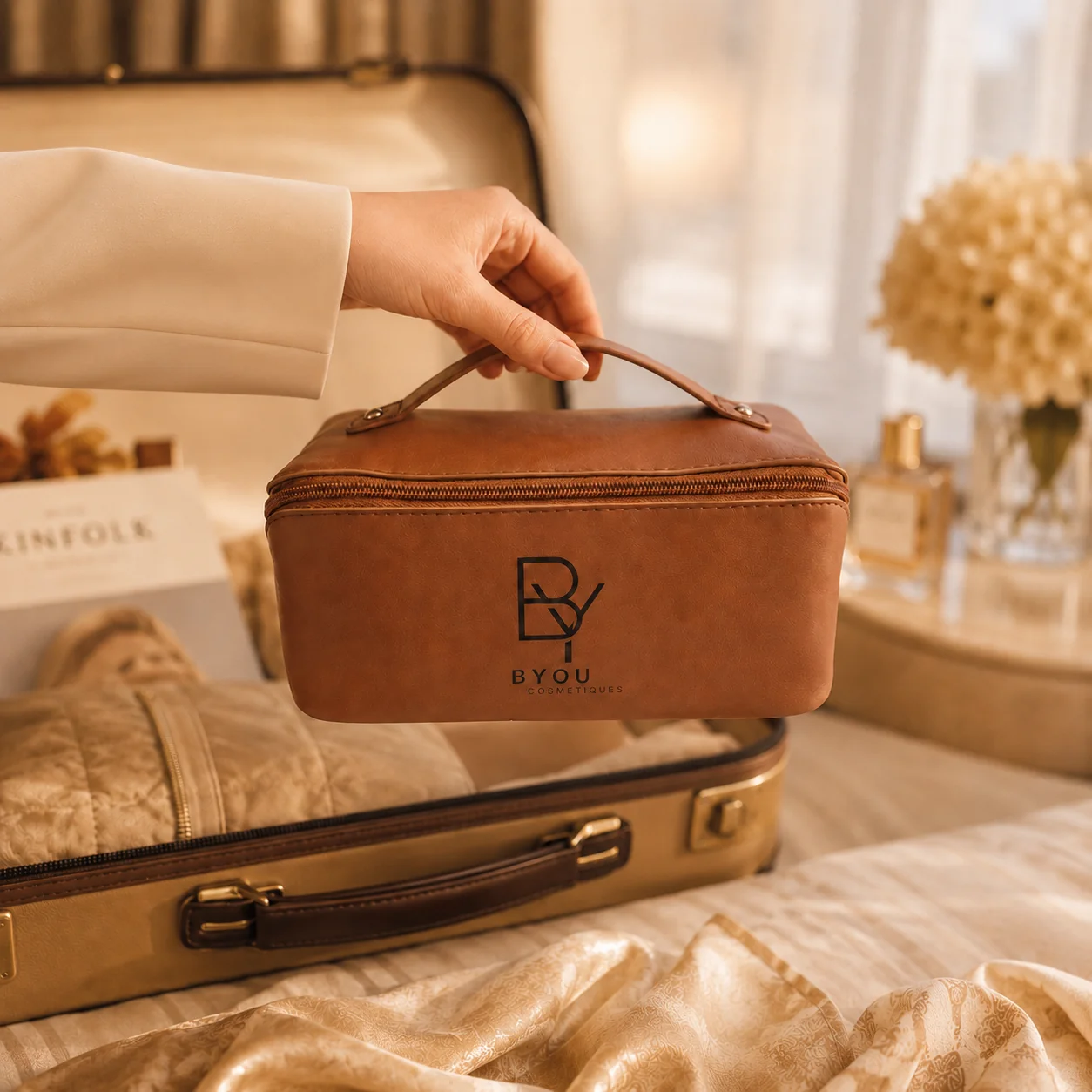 Trousse de Toilette & Maquillage — Cuir Végan Grande Capacité — Camel