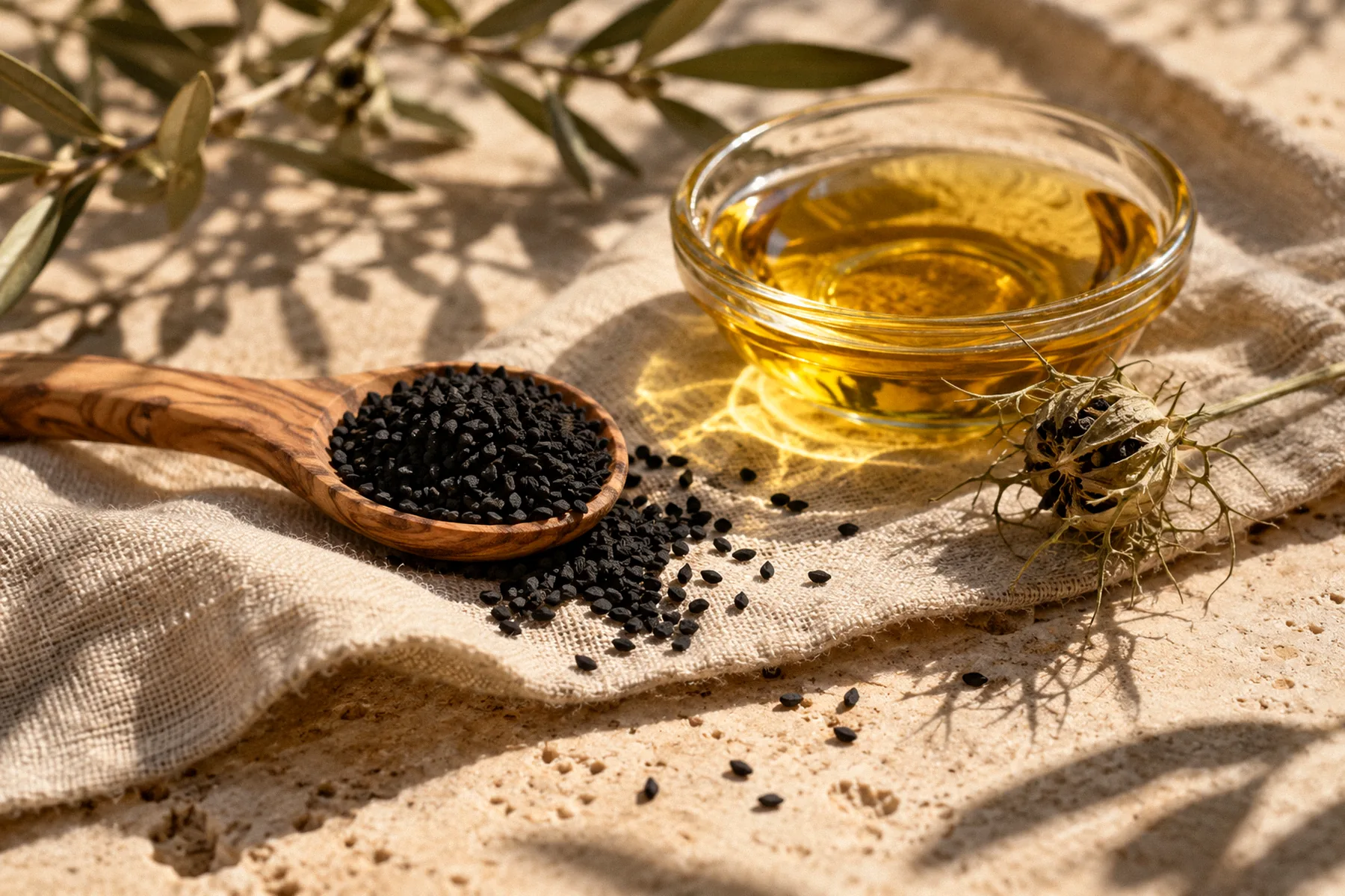 Olivenholzlöffel voller Schwarzkümmelsamen und Schälchen mit goldenem Schwarzkümmelöl