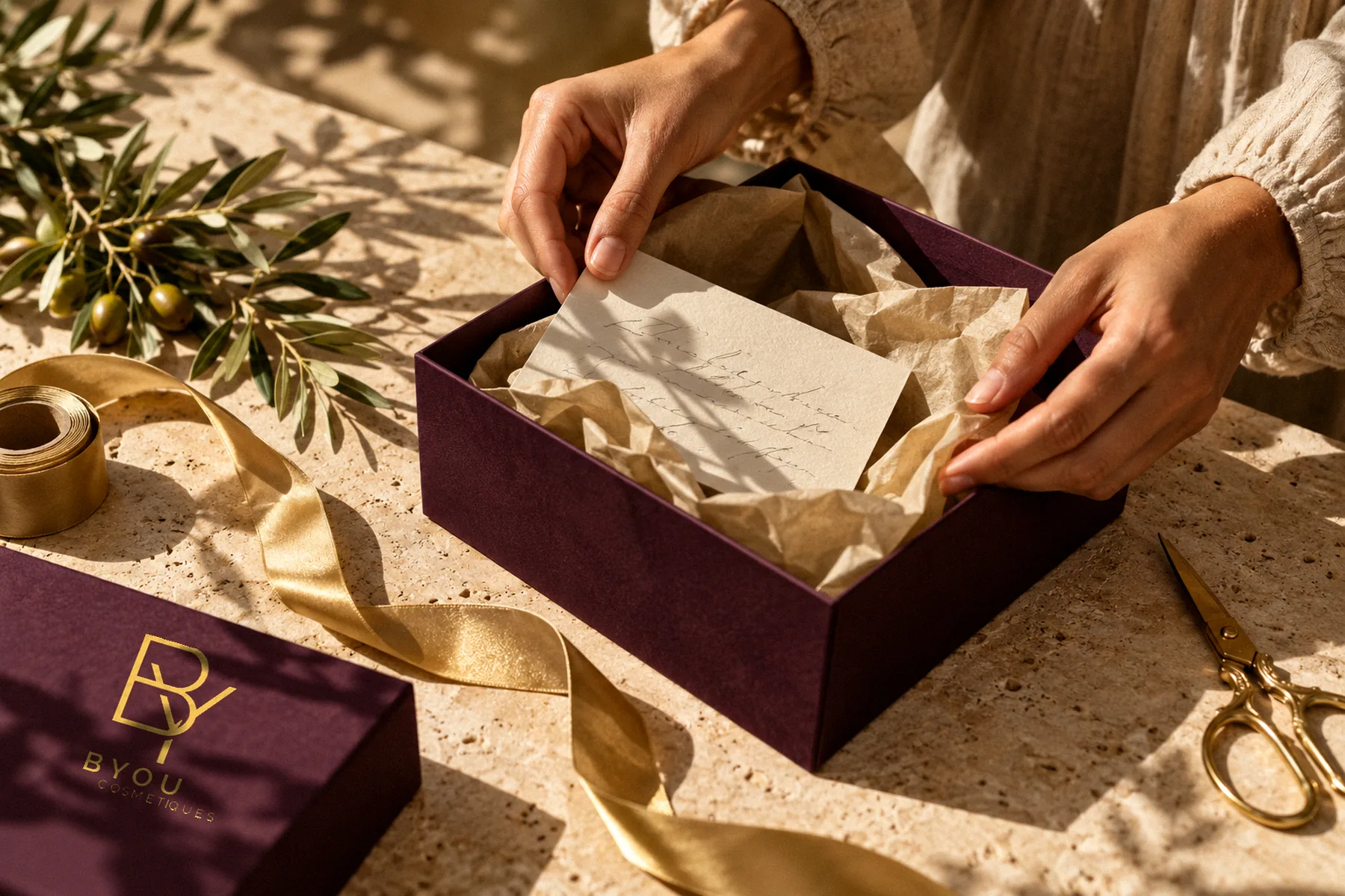 Hände legen vor dem Versand eine handgeschriebene Karte in eine pflaumenfarbene BYOU-Box