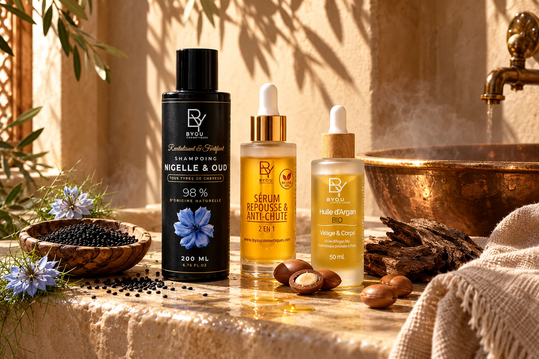 Shampoo Nigelle & Oud, Haarwuchs-Serum und Arganöl von BYOU