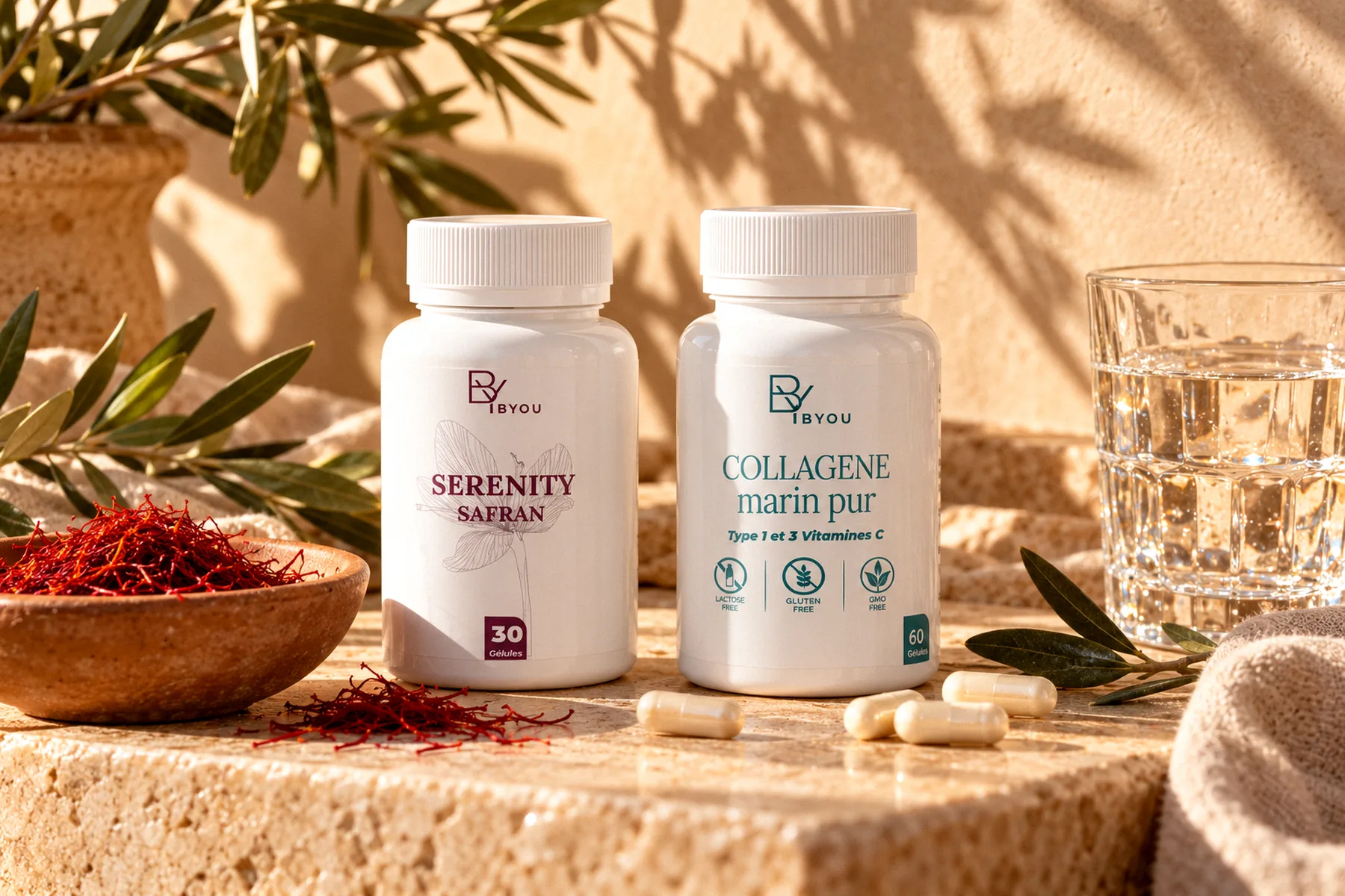 BYOU-Nahrungsergänzungsmittel Serenity Safran und reines Meereskollagen