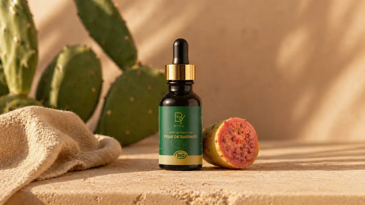 Huile de pépin de figue de barbarie bio Byou — flacon ambre sur travertin marocain